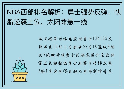 NBA西部排名解析：勇士强势反弹，快船逆袭上位，太阳命悬一线