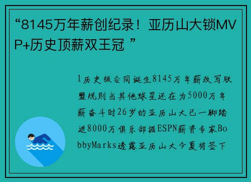 “8145万年薪创纪录！亚历山大锁MVP+历史顶薪双王冠 ”